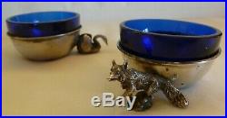 PAIR OF VINTAGE ITALIAN 800 SILVER OPEN SALT CELLARS With FOX SWAN & GLASS LINERS