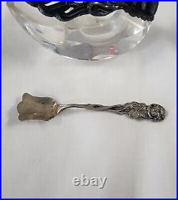 PAIR Vintage German Sterling Silver Crystal Swan Divided Salt Cellar With Spoons