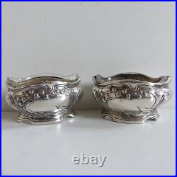 PAIR of ANTIQUE ART NOUVEAU STERLING SILVER 950 SALT CELLARS LILY OF VALLEY 1890