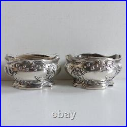 PAIR of ANTIQUE ART NOUVEAU STERLING SILVER 950 SALT CELLARS LILY OF VALLEY 1890