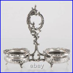 PAIR of ANTIQUE FRENCH STERLING SILVER DOUBLE OPEN SALT CELLARS ROCOCO GLASS 19C