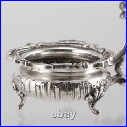 PAIR of ANTIQUE FRENCH STERLING SILVER DOUBLE OPEN SALT CELLARS ROCOCO GLASS 19C
