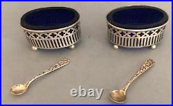 PAIR of Antique Sterling Silver SALT CELLARS and Repousse Spoons 42g Blue Liners