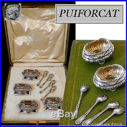PUIFORCAT French Sterling Silver 18k Gold Set 4 Salt Cellars, Spoons, Box
