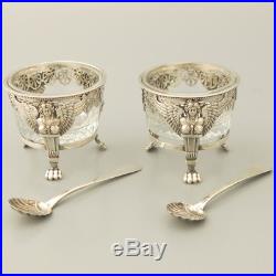 Pair 18c Antique French Sterling Silver Crystal Open Salt Cellars Serving Spoon