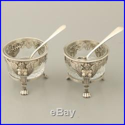 Pair 18c Antique French Sterling Silver Crystal Open Salt Cellars Serving Spoon