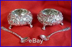 Pair 1920's STIEFF ROSE Repousse OPEN SALTS Cellars & SPOONS Sterling Silver 925