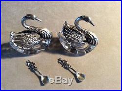 Pair(2) Sterling Silver and Crystal Swan Salts with Spoons
