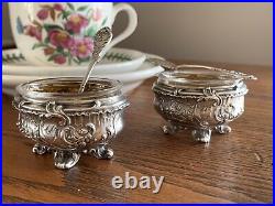 Pair 2 Victorian French Sterling Silver Floral Louis XVI Salt Dishes Spoons Leaf