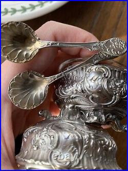 Pair 2 Victorian French Sterling Silver Floral Louis XVI Salt Dishes Spoons Leaf