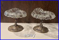 Pair Antique Bucholz & Zelt 800 Silver Dolphin and Cut Glass Master Salt Cellars