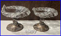 Pair Antique Bucholz & Zelt 800 Silver Dolphin and Cut Glass Master Salt Cellars