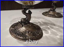 Pair Antique Bucholz & Zelt 800 Silver Dolphin and Cut Glass Master Salt Cellars