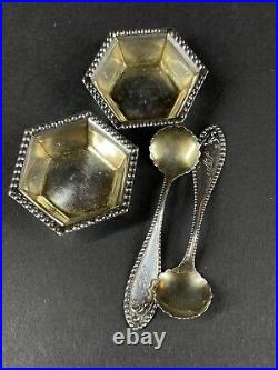 Pair Antique Campbell Metcalf Sterling Beaded Salt Dips Cellars & Spoons 17.3g