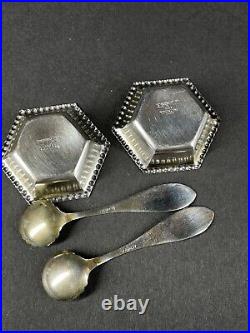 Pair Antique Campbell Metcalf Sterling Beaded Salt Dips Cellars & Spoons 17.3g