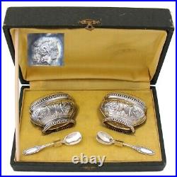 Pair Antique French Sterling Silver & Blown Glass Open Salts with Spoons, Boxed