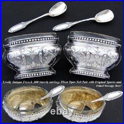 Pair Antique French Sterling Silver & Blown Glass Open Salts with Spoons, Boxed