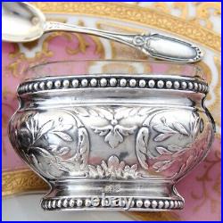 Pair Antique French Sterling Silver & Blown Glass Open Salts with Spoons, Boxed