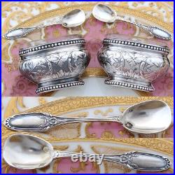 Pair Antique French Sterling Silver & Blown Glass Open Salts with Spoons, Boxed