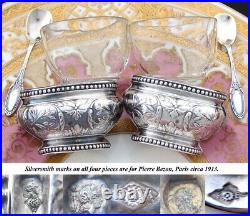 Pair Antique French Sterling Silver & Blown Glass Open Salts with Spoons, Boxed