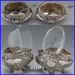 Pair Antique French Sterling Silver & Blown Glass Open Salts with Spoons, Empire