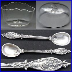 Pair Antique French Sterling Silver & Blown Glass Open Salts with Spoons, Empire