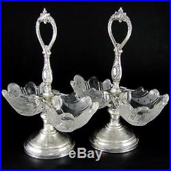 Pair Antique French Sterling Silver Double Open Salt Caddy Glass Scalloped Shell