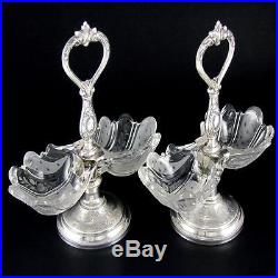 Pair Antique French Sterling Silver Double Open Salt Caddy Glass Scalloped Shell