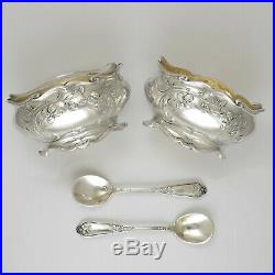 Pair Antique French Sterling Silver Salt Cellars, Spoons, Boxed Set