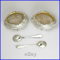 Pair Antique French Sterling Silver Salt Cellars, Spoons, Boxed Set