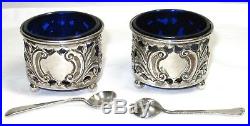 Pair Antique Sterling Silver Footed Salt Cellars, Cobalt Glass Lining, Spoons