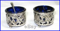 Pair Antique Sterling Silver Footed Salt Cellars, Cobalt Glass Lining, Spoons