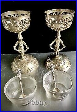 Pair Antique Sterling silver salt pepper cellars spoons child cherub large