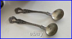 Pair Antique Victorian Gorham Sterling Silver Open Salt Cellar glass & Spoons