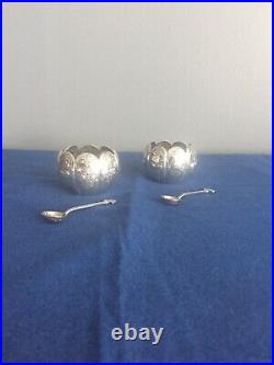 Pair British Sterling Silver Victorian Salt Cellars With Matching Spoons