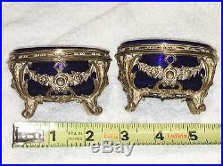Pair French Silver Salts Bowls Rococo Style Cobalt Liners