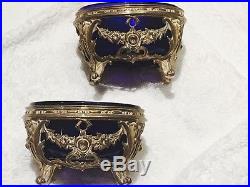 Pair French Silver Salts Bowls Rococo Style Cobalt Liners