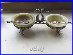 Pair Italian 800 Silver Salts Holders Ca. 1920 4Alabaster Bowls 4 Spoons