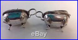 Pair Of 800 Silver Salt Cellars Lion Claw Feet WithLids Sterling Spoons Inserts
