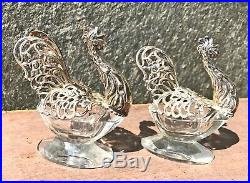Pair Of 935 German Sterling Silver And Crystal Rooster Salt Cellar Dish