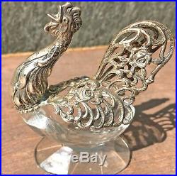 Pair Of 935 German Sterling Silver And Crystal Rooster Salt Cellar Dish