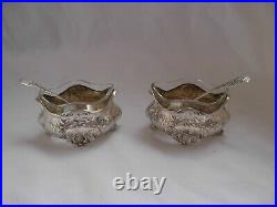 Pair Of Antique French Solid Silver Crystal Salt Cellars With Spoons, Art Nouveau