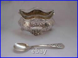 Pair Of Antique French Solid Silver Crystal Salt Cellars With Spoons, Art Nouveau