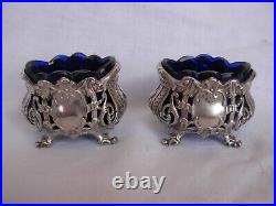 Pair Of Antique French Sterling Silver Blue Crystal Salt Cellars, Early XX