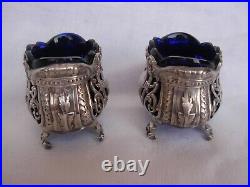 Pair Of Antique French Sterling Silver Blue Crystal Salt Cellars, Early XX