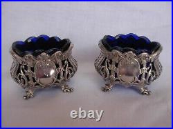 Pair Of Antique French Sterling Silver Blue Crystal Salt Cellars, Early XX