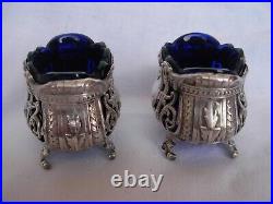 Pair Of Antique French Sterling Silver Blue Crystal Salt Cellars, Early XX