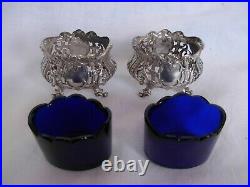 Pair Of Antique French Sterling Silver Blue Crystal Salt Cellars, Early XX