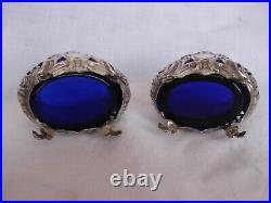 Pair Of Antique French Sterling Silver Blue Crystal Salt Cellars, Early XX