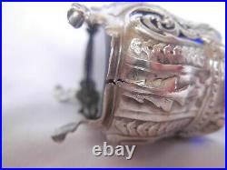 Pair Of Antique French Sterling Silver Blue Crystal Salt Cellars, Early XX